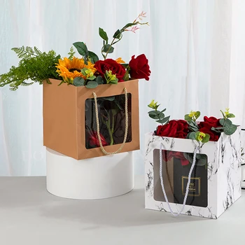Bærbare gavepose med Gennemsigtigt Vindue Blomst Emballage Pladsen Kraftpapir Gave Emballage, Posen Hjem Bryllup Part Indretning