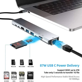 Bærbare USB 3.0 High Speed Port Type-C-Hub til 4K HDMI PD Opladning 8-i-1 Multifunktion Adapter SD-TF Kort Læser RJ45 Interface