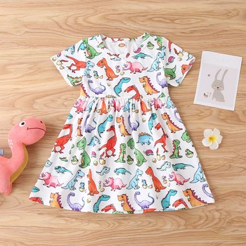 Børn Dinosaur Print Kort-Langærmet Toddler Baby Pige Kjole