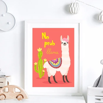 Børnehaven Indretning Prints og Plakater Tegnefilm Lama Med Kaktus Lærred Maleri Søde vægdekoration Dyr Alpaca Billede Baby Værelse
