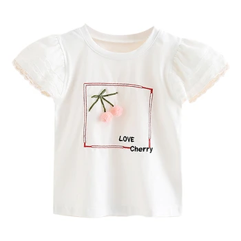 Børnetøj Sommeren Nye Baby Girls T-shirts 2021 Kids Søde Blonder Puff Ærmer Bomuld, T-Shirts Mode Cherry Toppe Til Pige