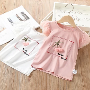 Børnetøj Sommeren Nye Baby Girls T-shirts 2021 Kids Søde Blonder Puff Ærmer Bomuld, T-Shirts Mode Cherry Toppe Til Pige
