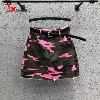 Camouflage Denim Nederdel Kvinder 2021 Sommeren koreanske Høj talje A-linje Jean Korte Nederdele Street Fashion Kvinde Sexy Taske Hip Nederdel