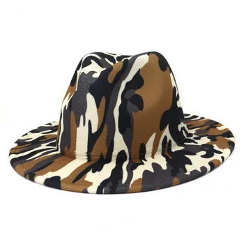 Camouflage Trykt Wide Brim Kirke Derby Top Hat Panama Følte Fedoras Hat til Mænd, Kvinder Jazz Cap Nye 2021 Engros