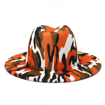 Camouflage Trykt Wide Brim Kirke Derby Top Hat Panama Følte Fedoras Hat til Mænd, Kvinder Jazz Cap Nye 2021 Engros