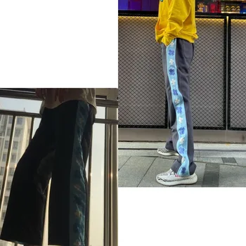 Casual Blomst Koreansk Mode Baggy Bukser Joggere Kvinder Harajuku Streetwear Elastisk Høj Talje Bukser Lige Brede Bukser Kvindelige
