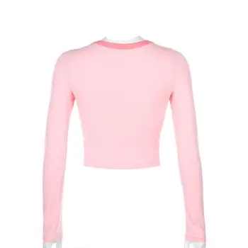 Casual Kvinder Tshirt Foråret Efteråret Sexet Søde piger med Lange Ærmer V-Hals Pink Sløjfeknude Slank Top T-shirt Damer Streetwear Tøj Toppe