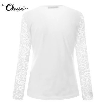Celmia Kvinder Lace T-Shirt 2021 Mode langærmet V-Neck Sexy Stramme Toppe Damer Knapper Elegant Party-Shirts T-shirts