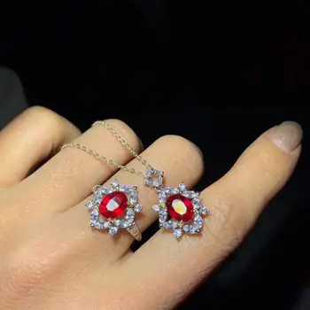 Charmerende red ruby gemstone ring og halskæde smykker sæt 925 sølv naturlige perle 6*8mm perle pige part til stede kvinder halskæde sale