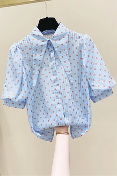 Chiffon Kort-Langærmet Shirt til Kvinder 21 Sommer Ny koreansk Stil, Mode Puff Ærmer Peter Pan Krave Bluse Fashion Kvinder Top
