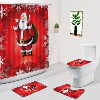 Christmas Ball Tegnefilm badeforhæng Sæt 4stk Drøm Glæde Santa Claus Skridsikker bademåtte Toilet Fod Tæppe Badeværelse Indretning Tæppe