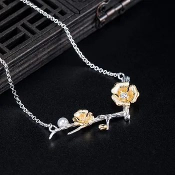 CHUANGU vintage perle halskæde kvindelige s925 sølv zircon sten blomme gren vedhæng kravebenet kæde halskæde i antik kinesisk vind
