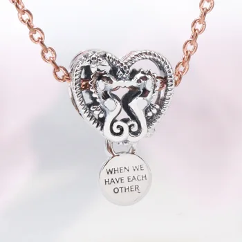 Claudia Ægte 925 Sterling Sølv Hule søhest mønster hjerte-formet kærlighed charme Passer Oprindelige Armbånd Halskæde DIY Smykker