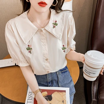 COIGARSAM Kontor Dame Solid Skjorte koreansk Dame toppe Nye Sommer Vintage Blomster Print Kvinder shirts Hvid Apricot 1259