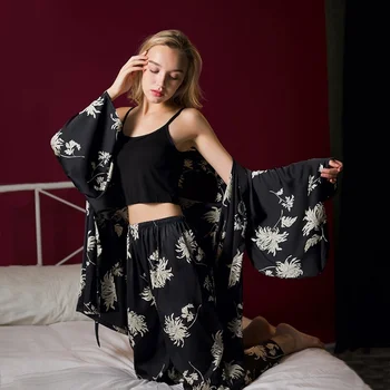 Conjunto de roupas impresso quimono pijamas conjunto casa slid casual outono pijamas mulher loungewear pijamas japoneses ff2875