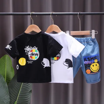 Cool Fashion Baby Drenge Tøj Sæt 2021 Sommeren Tegnefilm LetterT-shirt+slidte Jeans 2STK Børn Afslappet Jakkesæt Buksetrold Piger Træningsdragt