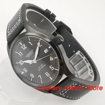 Corgeut 40mm Mænd ur sort urskive dato vindue sort stål sag læder rem NH35 selvoptrækkende bevægelse luksus ure