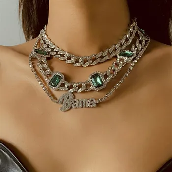 Cosysail Miami Cubanske Link Kæde Halskæde til Kvinder, Grønne Glimt Fuld Crystal Brev Bama Halskæde Hip hop Smykker Gave