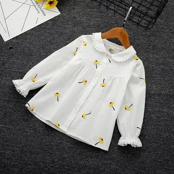 Cotton White Girl Shirts 2021 Foråret Efteråret Nye Langærmet Blomst Knappen Kids Shirts Børn Tøj Mode