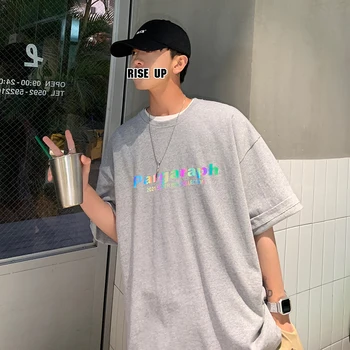 Crewneck Kort Ærme T-Shirts med Reflekterende Jorden Print Tøj 2021 Mode Trend Overdimensionerede koreanske Teenager Hip Hop Streetwear