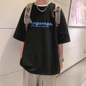 Crewneck Kort Ærme T-Shirts med Reflekterende Jorden Print Tøj 2021 Mode Trend Overdimensionerede koreanske Teenager Hip Hop Streetwear