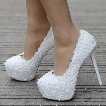 Crystal Queen White Lace Bryllup sko Bride 14cm Høj Platform sko Sød Part kjole sko kvinde perlebesat Pumper