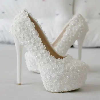 Crystal Queen White Lace Bryllup sko Bride 14cm Høj Platform sko Sød Part kjole sko kvinde perlebesat Pumper