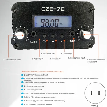 CZE-7C PLL FM Sender Radio Broadcast-Stationen 1W/7W Stereo Frekvens 76-108Mhz Pro Campus Forstærkere LCD -