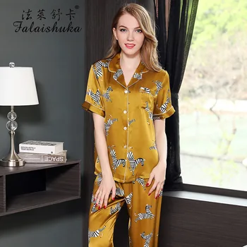 Dame Korte Ærmer Nattøj 2021 Sommeren Kvinder, Silke Pyjamas SetsSilk Homewears Hjem Bærer To-Delt Pyjamas Sæt