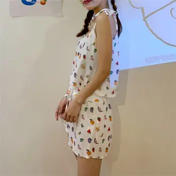 Dame Pyjamas Sæt Sommer-Frugt-trykt koreansk Stil Sød Ren Spaghetti-Stropper Nattøj Pige Ulzzang Sexet Hjem Bløde Kvindelige