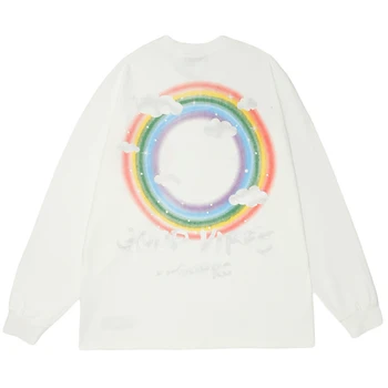 Dame Rainbow Print T-shirts Unisex Oversize Bomuld Hip Hop Toppe mandlige O-neck langærmet T-shirt Par Casual t-Shirts