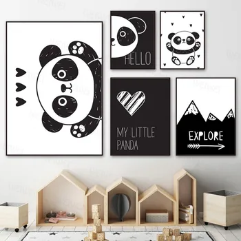 Dejlige Panda Væg Kunst, Lærred Maleri Sort Hvid Tegnefilm Nordiske Plakater og Print på Lærred Billede Kids Baby Værelse Soveværelse Indretning