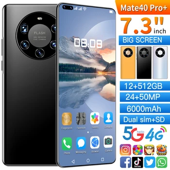 Den globale Version Ultra Tynd Mate40 Pro+ Smartphone 6000mAh Fuld Skærm 7.3 Tommer Deca Core 16GB 512GB 5G 4G LTE Netværk Smartphones
