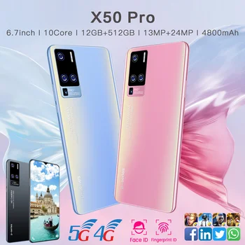 Den globale Version X50Pro 6.7 Tommer 12GB RAM 512 GB ROM 13+24MP 4800mAh Andriod10.0 Smartphones 10 Centrale MTK6799 Dual SIM 4G LTE 5G