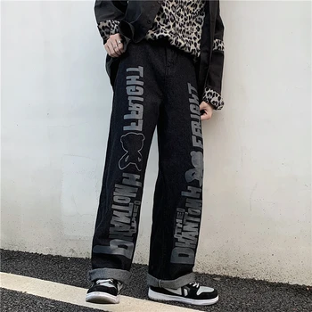 Den Nye Retro-Og Bagside Trykt Vasket Jeans Ins Mørke High Street Mænd Og Kvinder Løs Mode Afslappet Og Straight-Ben Bukser