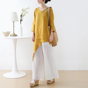 Den Traditionelle kinesiske Kvinders Bluse Retro Skjorte Bomuld Farve Uregelmæssig Kant Toppe Plus Størrelse S Ærme Casual Løs Kostumer