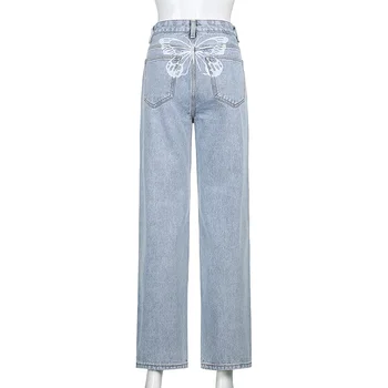 Denimcolab 2021 Høj Talje, Straight Bukser Kvinder Mode Igen Store Sommerfugl Print-Jeans Damer, Casual Løs Denim Bukser Varme