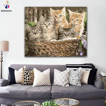 DIY Farvestoffer Billeder af Tal med Farver Fem Katte i Kurv Billede, Tegning, Maleri af Numre, der er Indrammet Hjem Lærred