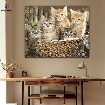 DIY Farvestoffer Billeder af Tal med Farver Fem Katte i Kurv Billede, Tegning, Maleri af Numre, der er Indrammet Hjem Lærred