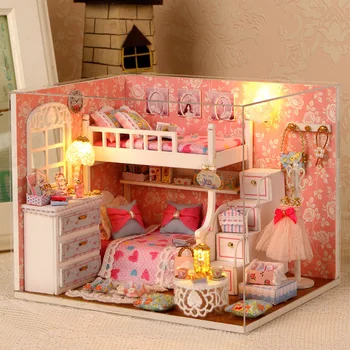 DIY Træ-Miniature Dukkehus Pink Prinsesse Værelse Samlet Dukke Hus Med Møbler Kit Legetøj Til Piger, Børn, Fødselsdag, Gave,