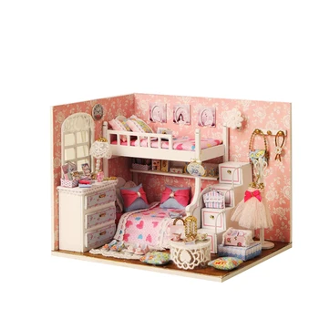 DIY Træ-Miniature Dukkehus Pink Prinsesse Værelse Samlet Dukke Hus Med Møbler Kit Legetøj Til Piger, Børn, Fødselsdag, Gave,