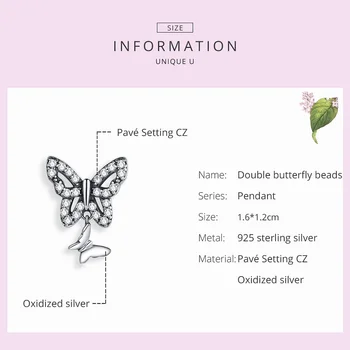 Dobbelt Butterfly Perler 925 Sterling Sølv Charm Zircon CZ Blændende Vedhæng for Oprindelige armbånd Armbånd Smykker BSC424