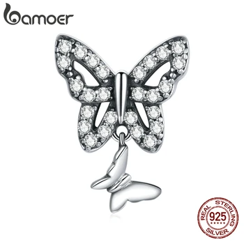 Dobbelt Butterfly Perler 925 Sterling Sølv Charm Zircon CZ Blændende Vedhæng for Oprindelige armbånd Armbånd Smykker BSC424