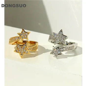 Dongsuo mærke dobbelt-stjernede zircon ring Kvinder, trend smykker 18k forgyldt kobber justerbar ring luksus damer gave