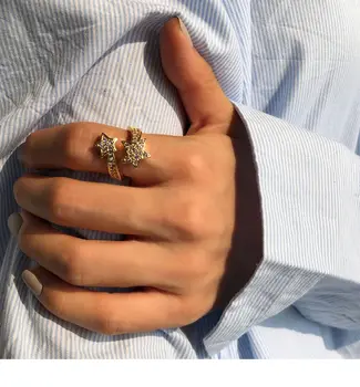 Dongsuo mærke dobbelt-stjernede zircon ring Kvinder, trend smykker 18k forgyldt kobber justerbar ring luksus damer gave