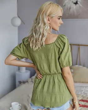 Donsignet Fashion Kvinder T-shirt til Sommeren Afslappet V-hals Pullover Solid Farve Sexet Talje Plus Size Kort-langærmet T-shirt Chiffon