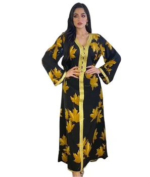Donsignet Ramadanen Muslimske Kjole Tyrkisk Maple Leaf Trykt Kjole Muslimske Robe Dubai Abaya Tyrkiet Eid Al-Fitr Klæder Muslimske Mode