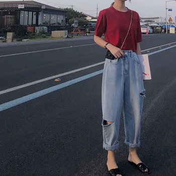 Donsignet Ripped Jeans til Kvinder Sommeren Løs koreanske Plus Size Høj Talje Underbukser Kvinde Jeans Nye Ankel-Længde Bukser