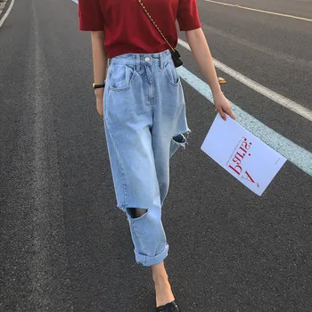 Donsignet Ripped Jeans til Kvinder Sommeren Løs koreanske Plus Size Høj Talje Underbukser Kvinde Jeans Nye Ankel-Længde Bukser