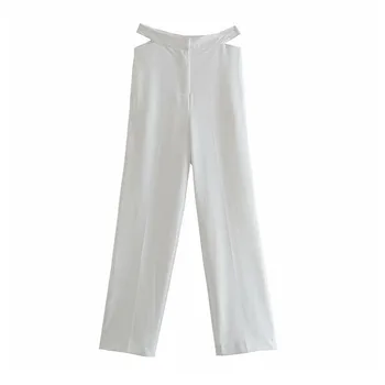 DOUJILI Hvid Elegant Løse Bukser Damer Kontor Lomme Mode Høj Talje Ren Farve, Afslappet Kvinder Bukser